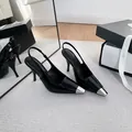 Elegant black patent leather slingback heels with a silver metal pointed toe cap - 33 / Patent Leather Slingback Sandals (6cm Stiletto) / Black