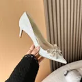 French style silver sequin high heels featuring a crystal bow and pointed toe design - 34 / White