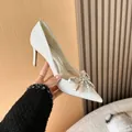 Elegant French style pointed toe wedding pumps with luxury crystal bow and glitter finish - 34 / White 8cm
