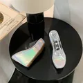Fashionable silver holographic platform wedge sandals with transparent PVC peep toe straps - 34 / Silver