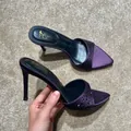 Elegant purple satin pointed toe mules with sparkling rhinestones and slim high heels - 38 / Stiletto Heel (6cm) / Purple