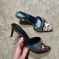 Elegant leopard print pointed-toe kitten heel mules with sparkling rhinestone detail. - 38 / Stiletto Heel (6cm) / Leopard Print