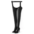 Sexy black pointed-toe thigh-high pantaboots with high stiletto heels for clubbing - 35 / Black
