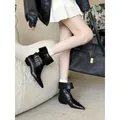 Elegant black pointed-toe low heel ankle boots with buckle detail in French style - 35 / Black PU