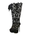 Elegant black sexy hollow out lace-up thigh high platform stiletto boots for women - 35 / Black