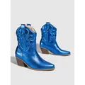 Metallic blue retro western cowboy boots with embroidered patterns and chunky heels. - 35 / Vintage Western Embroidered Style (81645-2 Metallic) / Metallic Blue