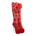 Elegant red lace-up cutout knee-high boots featuring a platform and sexy stiletto heel - 35 / Red
