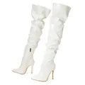 Elegant white patent leather over-the-knee boots with pointed toe and stiletto heels - 35 / White