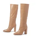 Elegant nude crocodile embossed pointed toe chunky high heel women's knee-high boots - Khaki