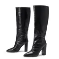 Elegant black crocodile embossed pointed toe knee-high boots with a chunky high heel - Black