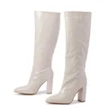 Elegant off-white crocodile-embossed pointed toe knee-high boots with chunky high heel - Apricot