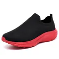 Men's slip-on knit sneakers in black and red, breathable mesh casual walking shoes for men - Black Red