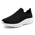 Breathable men's fly-knit slip-on sneaker in black with thick white sole - Black and White