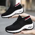 Women's breathable black fly-knit sock sneakers with white cushioned platform sole - 36 / Black