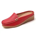 Comfortable red slip-on loafers for women with textured leather and tan wedge sole - 35 / Red