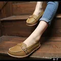 Women's brown leather loafers with buckle detail and comfortable flat sole - Khaki