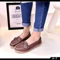 Comfortable women's brown leather loafers with white stitching and soft rubber sole - Brown