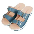 Sandalias de cuña de verano azules para mujer en cuero con correas de doble hebilla - 35 / Azul