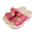 Elegantes sandalias de cuña de cuero rosa para mujer con correas de doble hebilla dorada - 35 / Rosa rojo