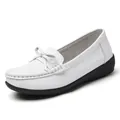 Comfortable white leather nurse loafers with decorative bow and slip-resistant sole. - 35 / Loafers Style (A266) / White