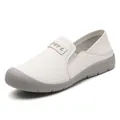 Elegant women's white genuine leather slip-on shoes with comfortable flat grey soft soles - 35 / Beige
