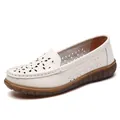 Breathable white leather hollow loafers for women with stylish floral perforations and soft sole - 35 / Off White