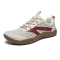 Men's breathable wide-toe mesh leisure sneakers in cream with a maroon side stripe accent - 39 / Beige