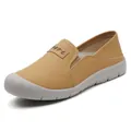 Slip-on genuine leather flat shoes in tan finish with comfortable soft rubber sole - 35 / Khaki