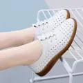 Comfortable white perforated leather loafers for women featuring soft anti-slip rubber sole - 35 / Summer Hollow-out Style / White