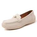 Elegant cream wide-toe leather loafers for women with soft sole and crystal buckle - 38 / Off White