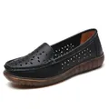 Women's comfortable black leather loafers with stylish laser-cut floral breathable patterns - 35 / Black