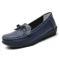 Classic navy blue women's flat loafers with decorative bow and white stitching - 35 / Loafers Style (A266) / Dark Blue