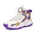 Kids mid-top basketball shoes in vibrant white and purple graffiti pattern print - 31 / White and Purple