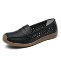 Bequeme schwarze Leder-Loafer für Damen mit floralen Laserschnitt-Details und Gummisohle - 38 / Schwarz - Ausgehöhlt