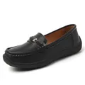 Comfortable black wide-toe loafers for women with soft sole and elegant gold buckle - 38 / Black