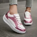 Stylish women's white fashion sneakers featuring pink metallic and glitter patchwork - 35 / White and Pink Gradient