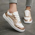 Elegant white fashion sneakers featuring rose gold glitter and metallic patches for women - 35 / Platinum