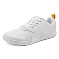 Retro white casual sneakers featuring breathable mesh panels and a yellow heel pull tab - 37 / White