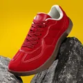 Vibrant red retro German trainer sneakers featuring premium suede and leather finish - 36 / Red
