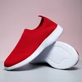 Comfortable red knit slip-on walking shoes for women featuring breathable mesh uppers - 35 / Red