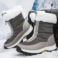 Warme grijze waterdichte sneeuwlaarzen voor dames met witte imitatiebontrand en rits - 36 / Grijs