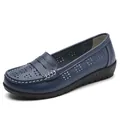 Elegant navy blue hollowed-out leather loafers for women with decorative white stitching - Dark Blue