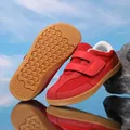 Red children's barefoot sneakers with wide toe box and Velcro straps on blue sky background - 25 / Red