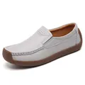 Comfortable women's light grey genuine leather flat loafers with soft brown rubber sole - 35 / Gray