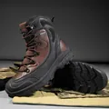 Durable mid-top brown leather tactical hiking boots for men with heavy-duty grip soles - 39 / Black Brown