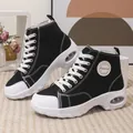 Fashionable women's high-top canvas sneakers with thick white soles and air cushion - 35 / Black and White