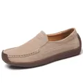 Classic women's beige suede leather flat loafers with durable non-slip rubber sole - 35 / Beige (Suede Style)