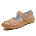 Comfortable brown genuine leather hollow-out women's sandals with adjustable velcro strap - Tan
