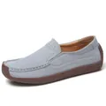 Comfortable light blue suede leather loafers for women with a textured brown rubber sole - 35 / Gray (Suede Style)