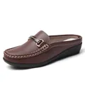 Comfortable brown leather slip-on loafer mules with lightweight wedge sole for women - 38 / Coffee